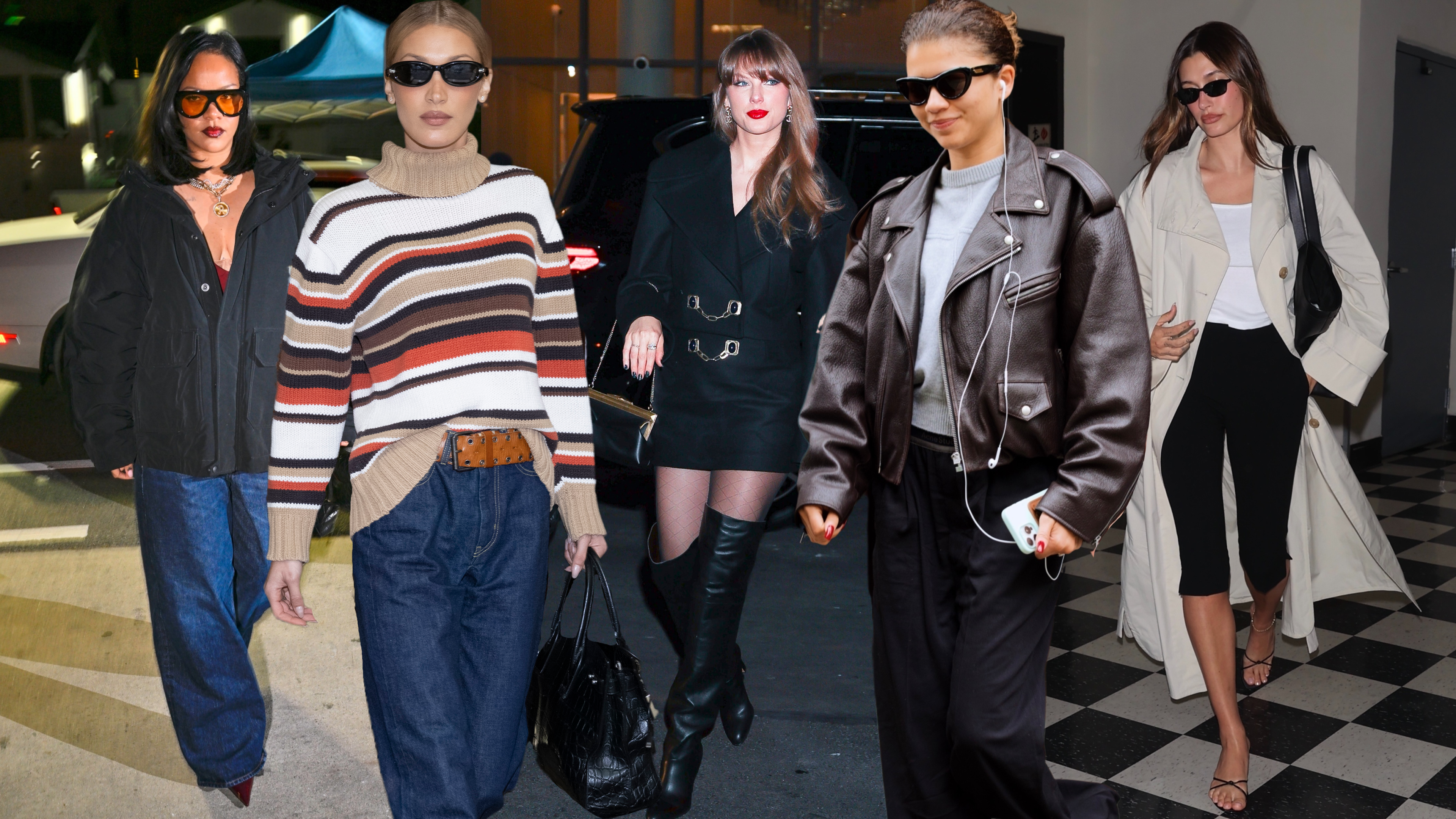 collage of Rihanna, Bella Hadid, Taylor Swift, Zendaya, and Hailey Bieber wearing fall outfits