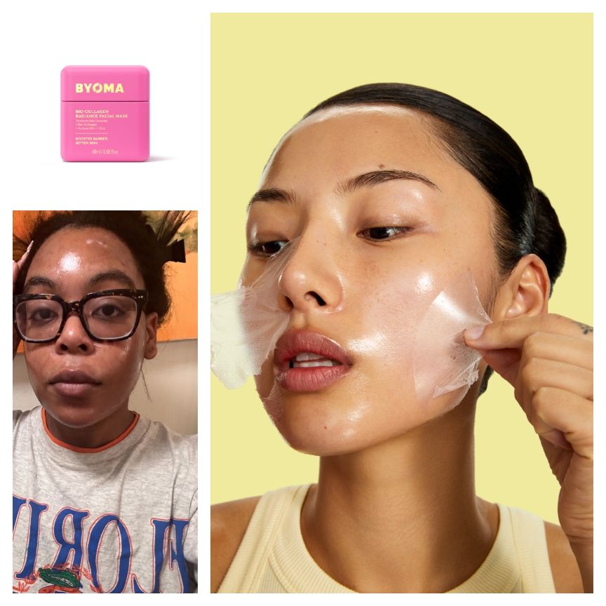 A collage that includes the Byoma Bio-Collagen Radiance Mask, writer, Ariel Baker, testing the mask, and a model peeling the mask off her face.