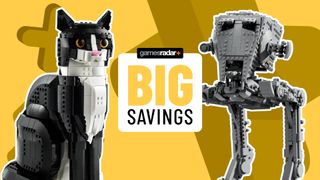 Lego Tuxedo Cat and AT-ST sets on a yellow background with crosses, on either side of a GamesRadar+ badge reading 'big savings'