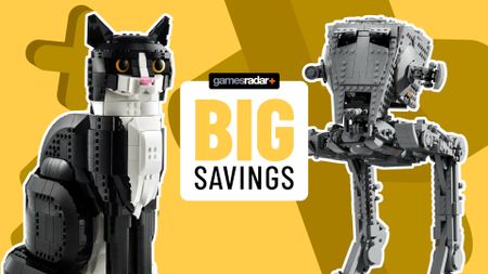 Lego Tuxedo Cat and AT-ST sets on a yellow background with crosses, on either side of a GamesRadar+ badge reading 'big savings'