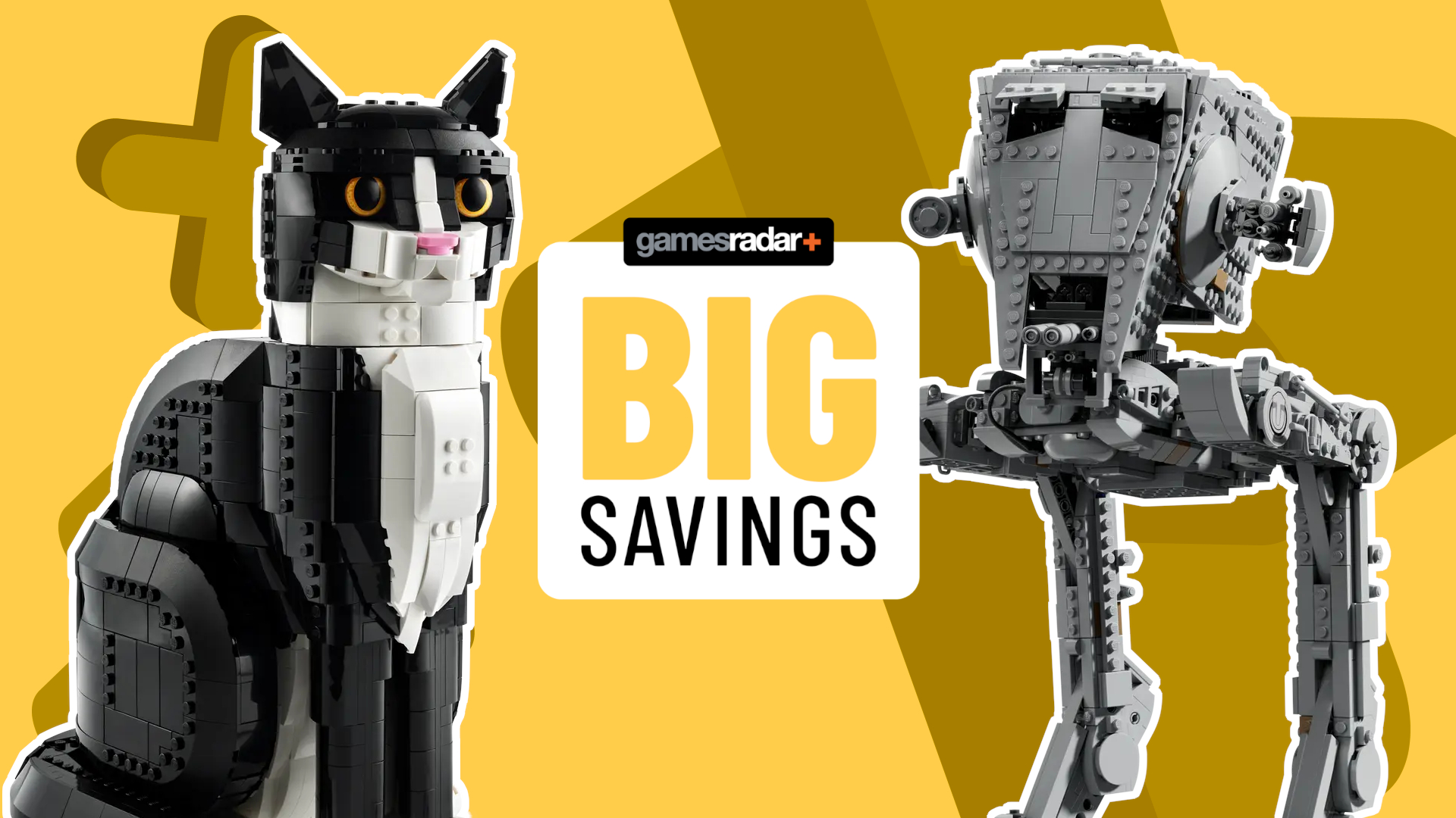 Lego Tuxedo Cat and AT-ST sets on a yellow background with crosses, on either side of a GamesRadar+ badge reading &#039;big savings&#039;