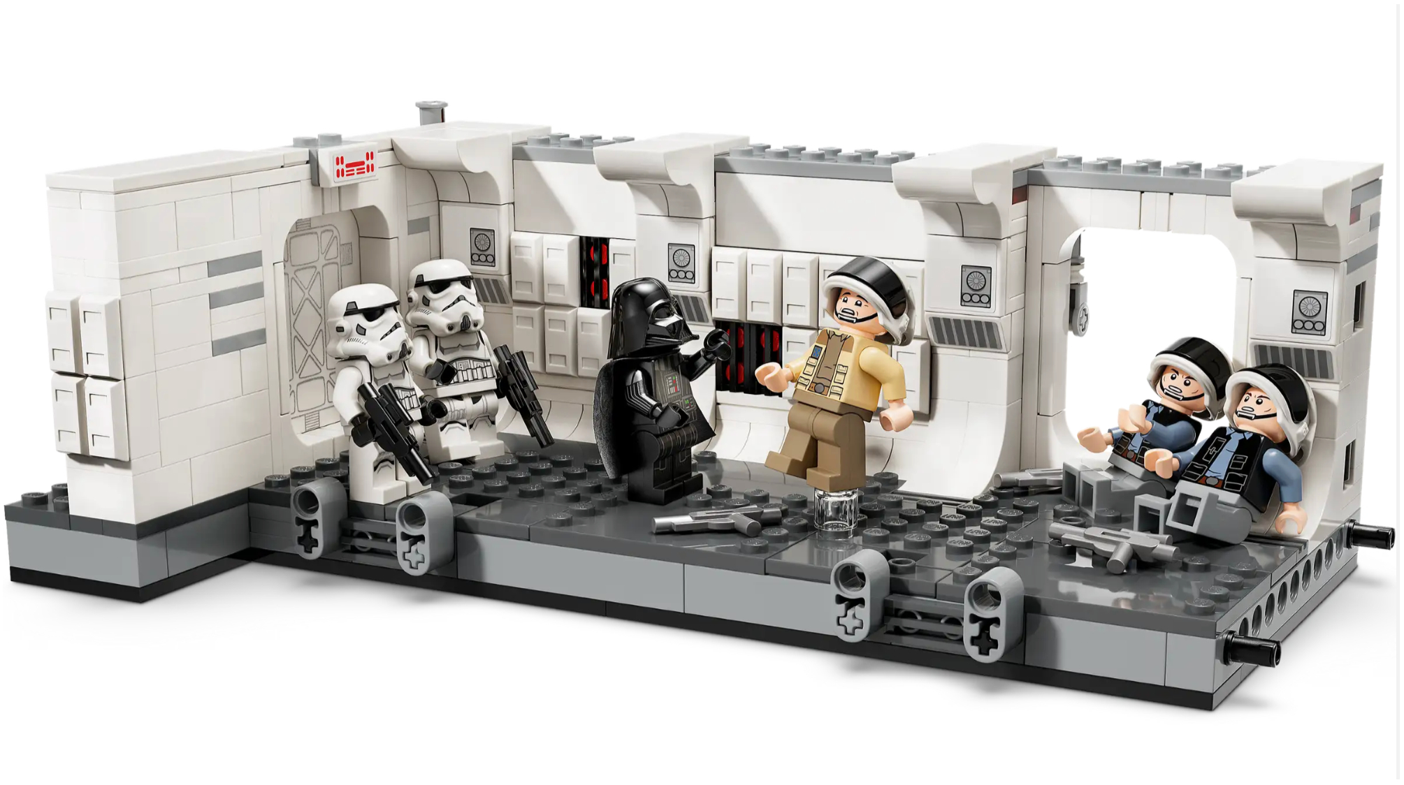 A lego star wars model of the interior of the Tantive IV starship on a white background