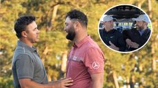 Main image of Brooks Koepka congratulating Jon Rahm at the 2023 Masters with Koepka and Rick Shiels speaking on a YouTube video inset