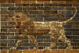 This relief of a striding lion is from the facade of a palace of King Nebuchadnezzar II (604-562 BC) at Babylon.