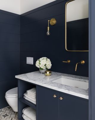 A tall, dark blue wainscoting rises toward the ceiling of a bathroom