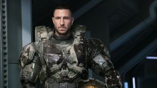 Pablo Schreiber in Spartan armor in Halo