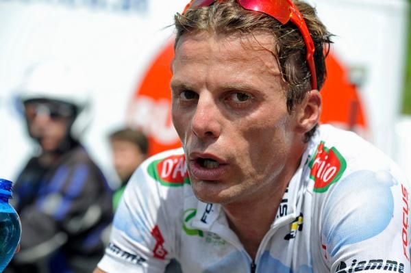 An exhausted Danilo Di Luca (Aqua &amp; Sapone) at the finish of stage two at Tour of Austria