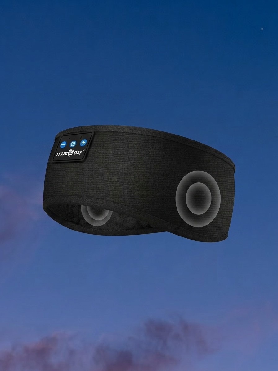 A MUSICOZY Sleep headband against a blue night sky, edited by Gemini