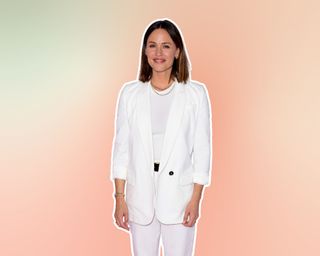 jennifer garner in a white suit on a pastel background