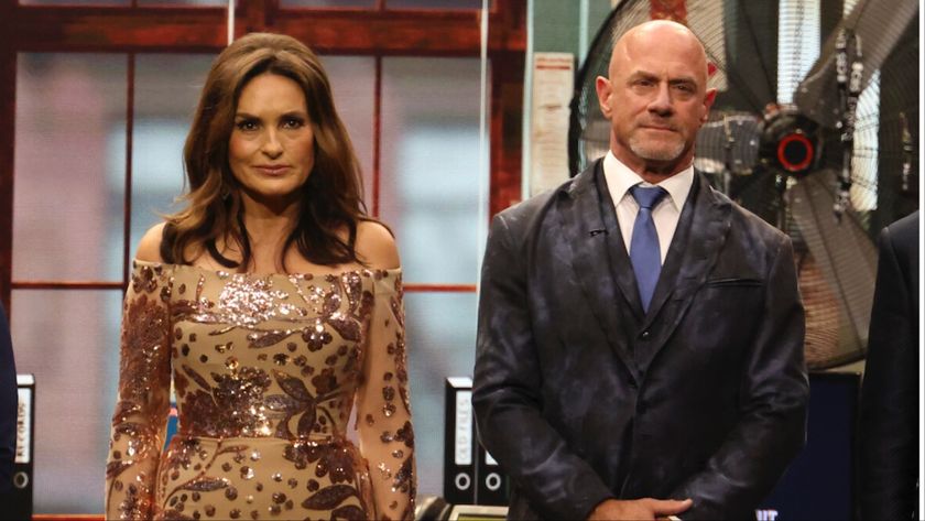 Mariska Hargitay and Christopher Meloni on stage for the Law &amp; Order 35th anniversary honor at the 2025 Emmys