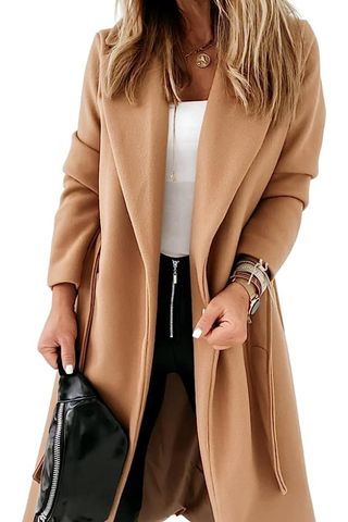 Ladiyo Womens Classic Coat Lapel Collar Open Front Belted Long Jacket