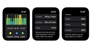 Skjermbilder fra appen NapBot på Apple Watch.