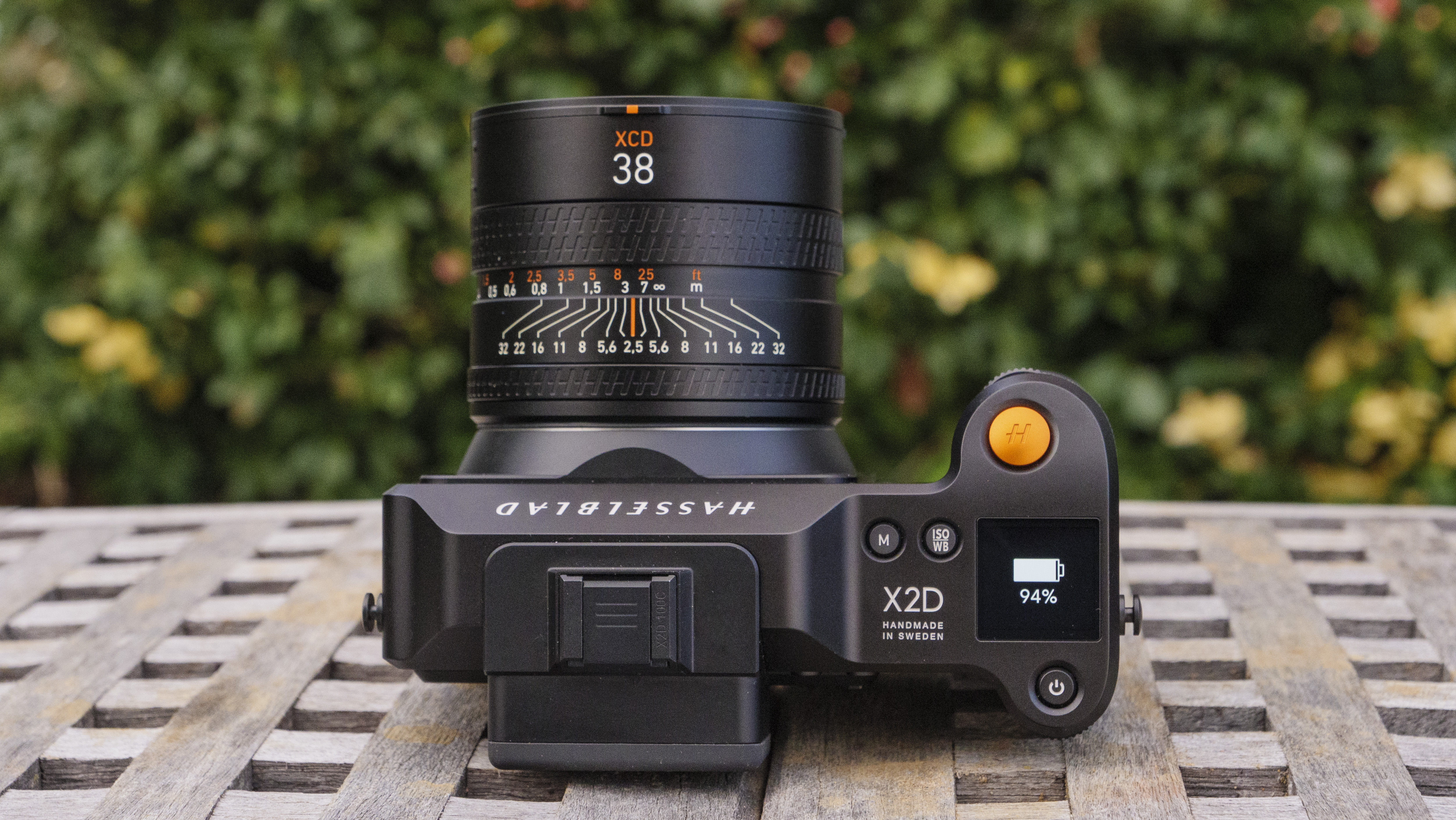 The Hasselblad X2D 100C camera from above showing top LCD screen and battery life