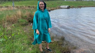 Julia Clarke using the Lifeventure Lightweight Changing Robe