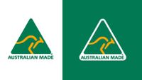Logo featuring a kangaroo inside a triangle and the words "Australia made"