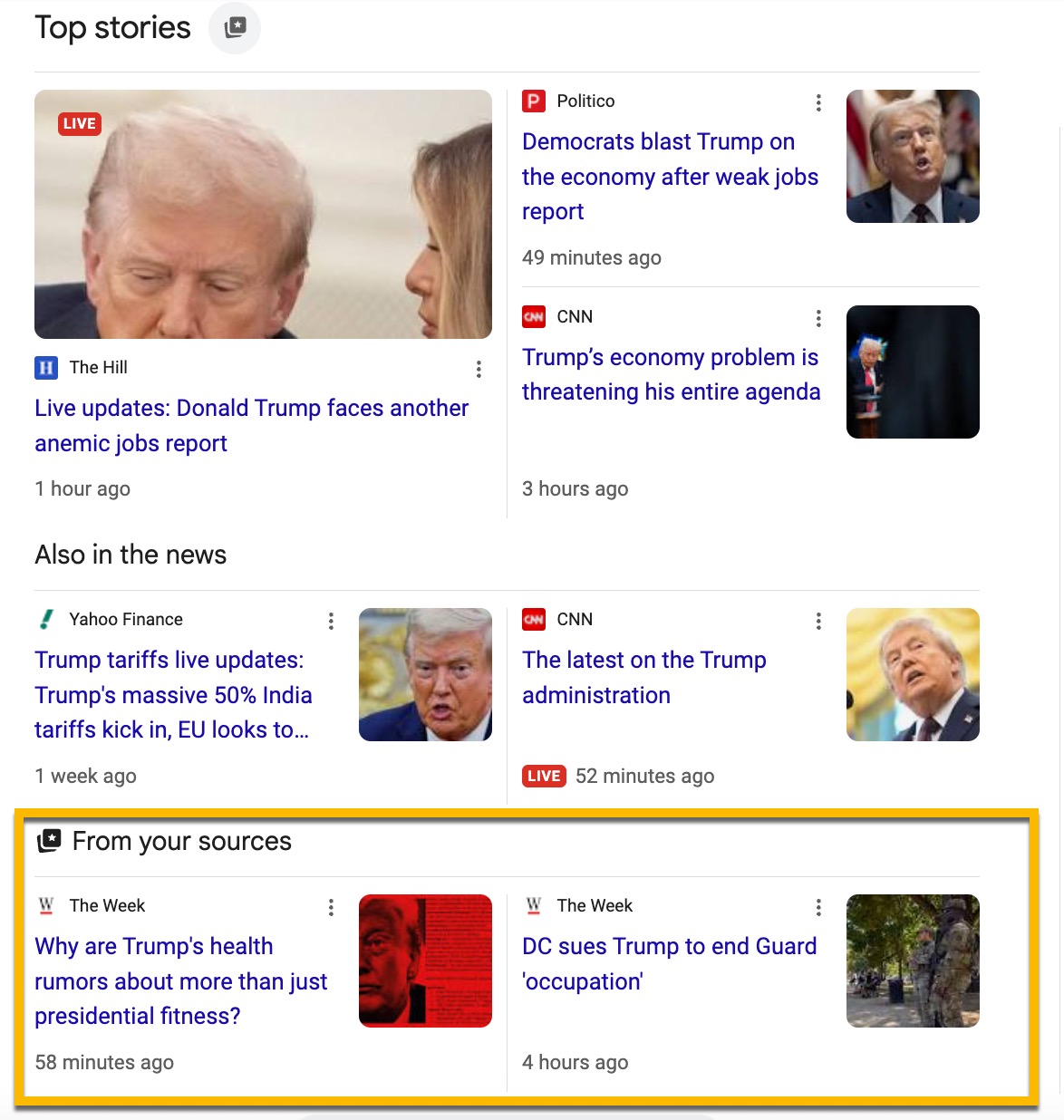 A screenshot showing The Week as a preferred source on Google.