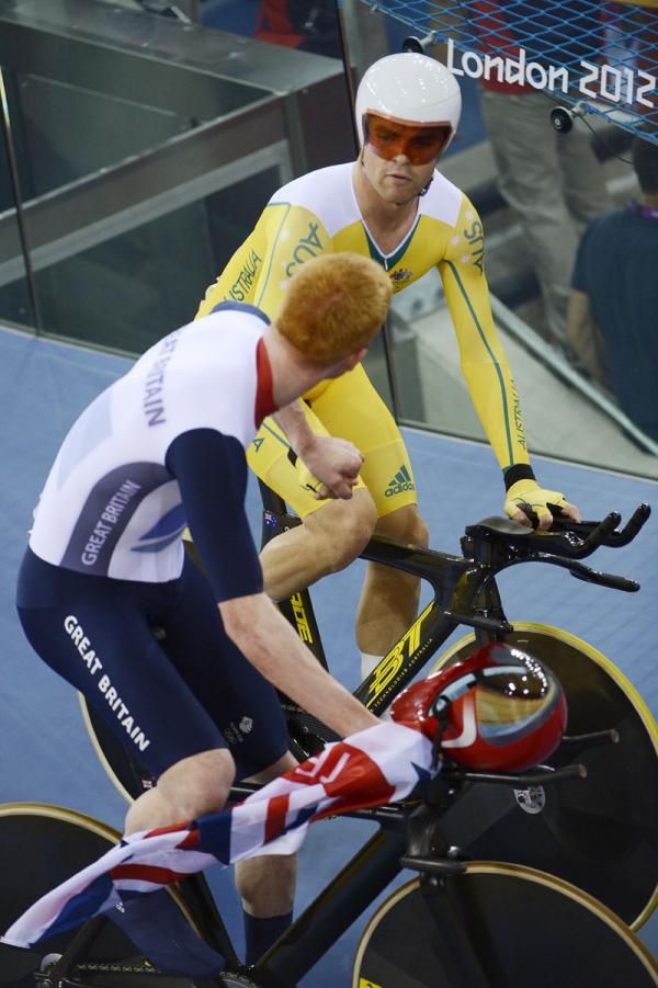 Ed Clancy with Jack Bobridge after the gold medal ride in the team pursuit
