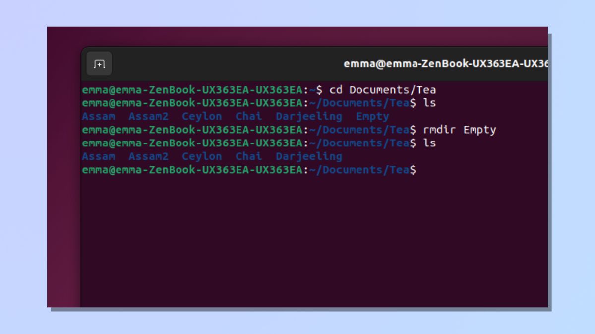 Снимок экрана, показывающий, как удалить каталоги в Linux с помощью команды Linux rmdir