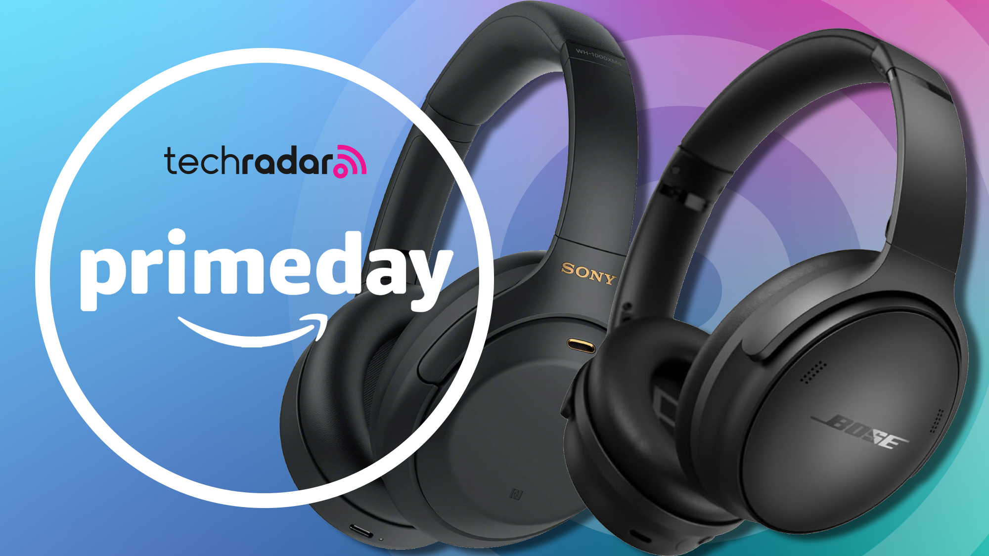 Amazpn Prime Day poster with &#039;TechRadar&#039; and the Bose QuietComfort and Sony WH-1000XM4 headphones