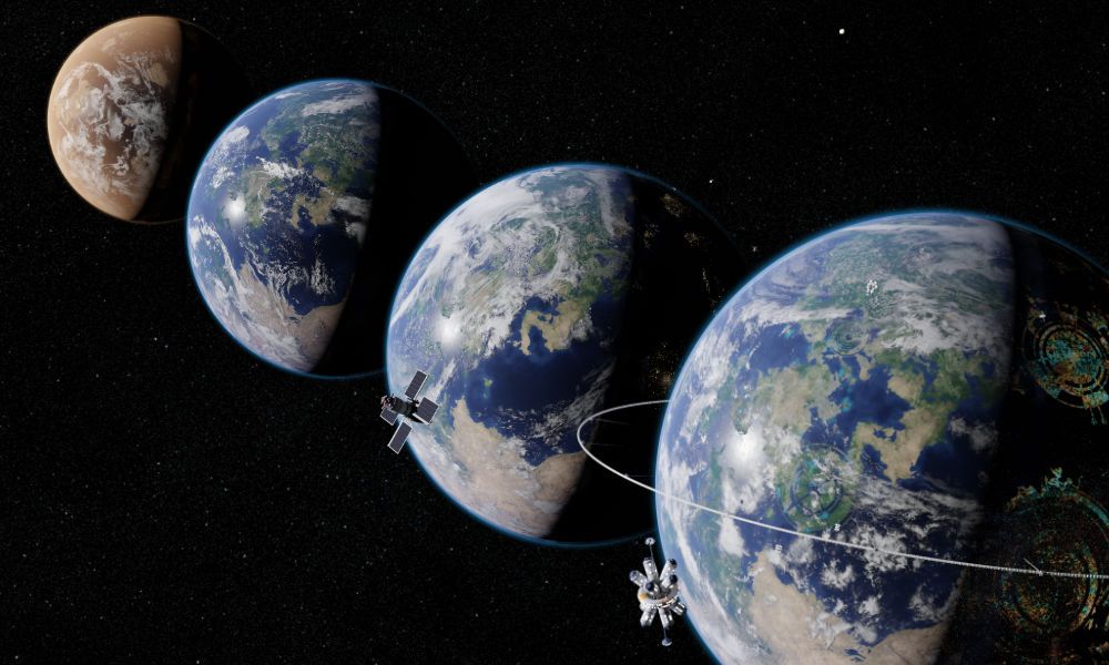 An artist&#039;s depiction of a planet progressing through four stages of intelligence.