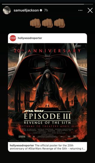 A screenshot of Samuel L Jackson's Instagram story showing three fist bump emojis above the new Episode 3 posters