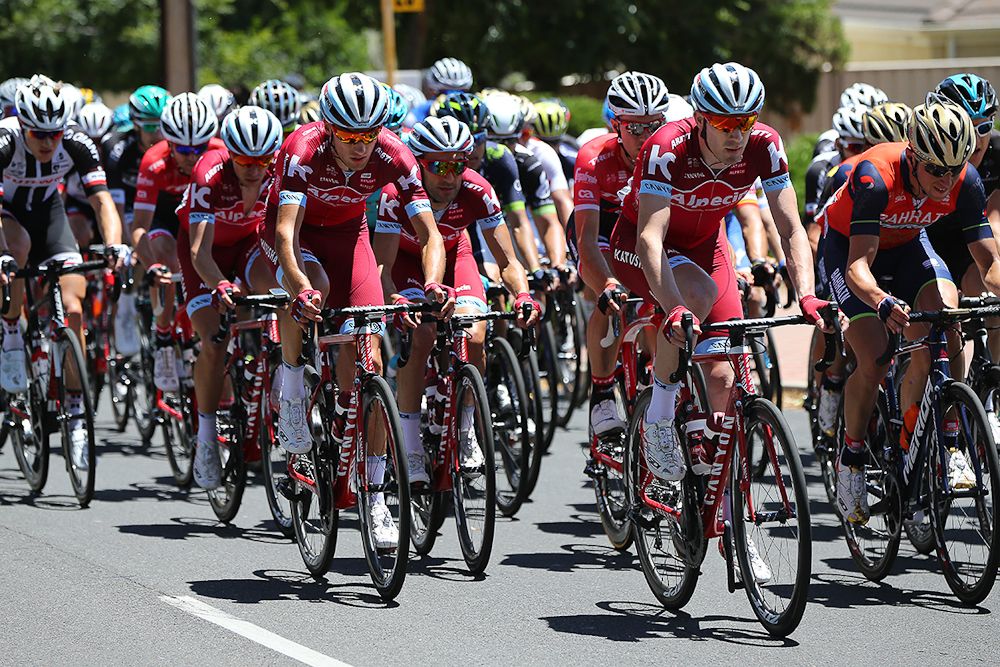 Katusha-Alpecin riders come to the front near the end of the race.