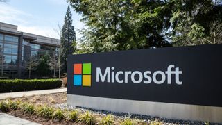 The Microsoft logo on a sign at the company&#039;s Redmond, Washington, headquarters.