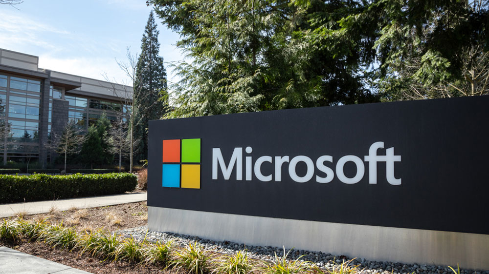 The Microsoft logo on a sign at the company headquarters in Redmond, Washington.
