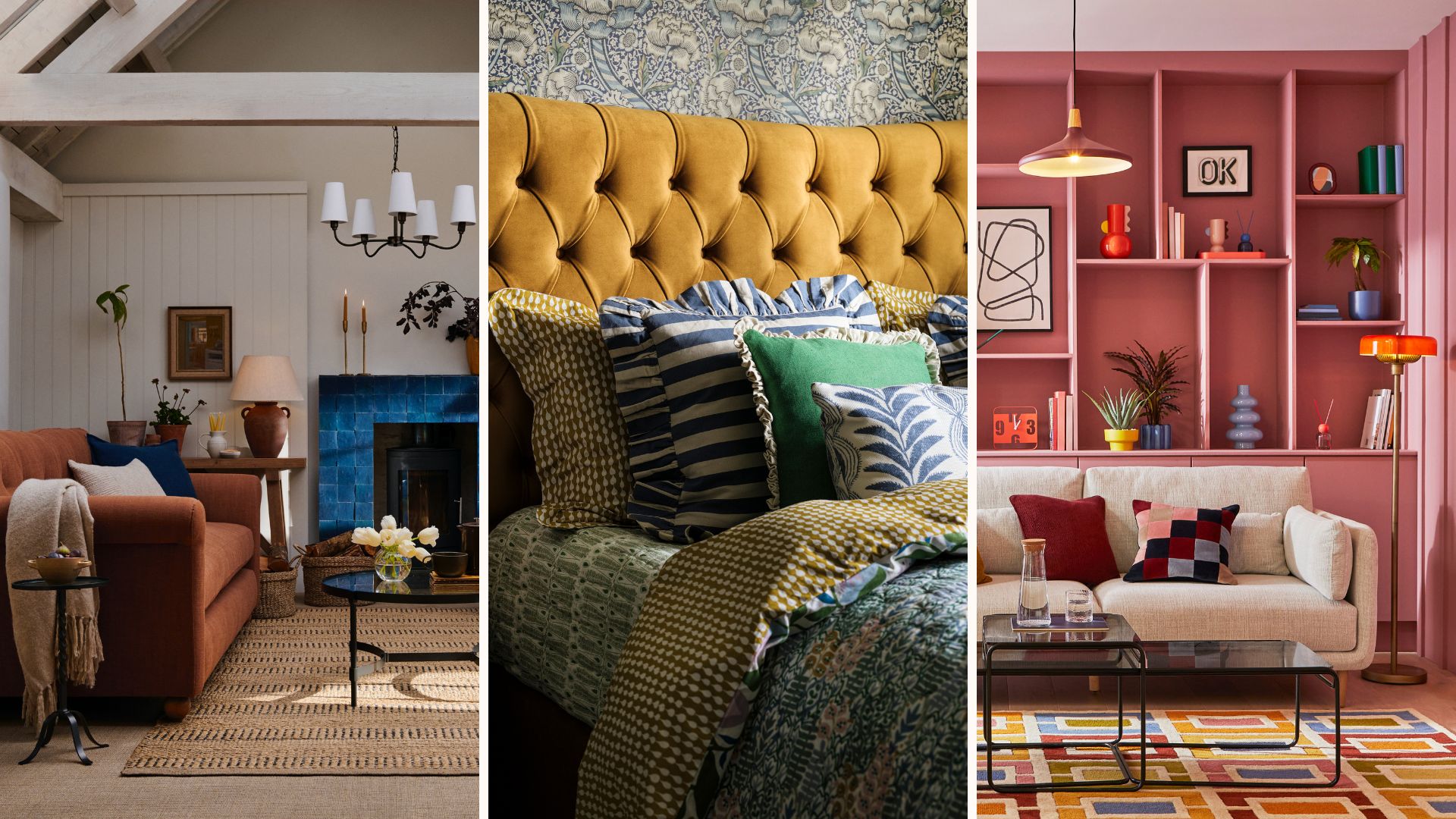 compilation image of home decor trends 2025 including a country-style living room, bedroom and retro pink living room
