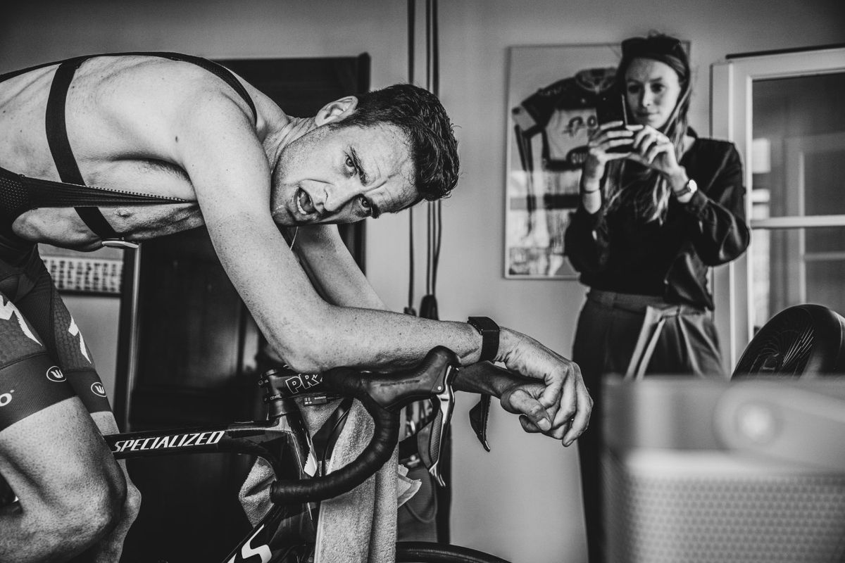 Pieter Serry after the finish of a Swiss Digital 5 stage, his first virtual race