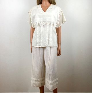 Vintage 80s Jessica Mcclintock Two Piece Pant Blouse Set Small White Cotton