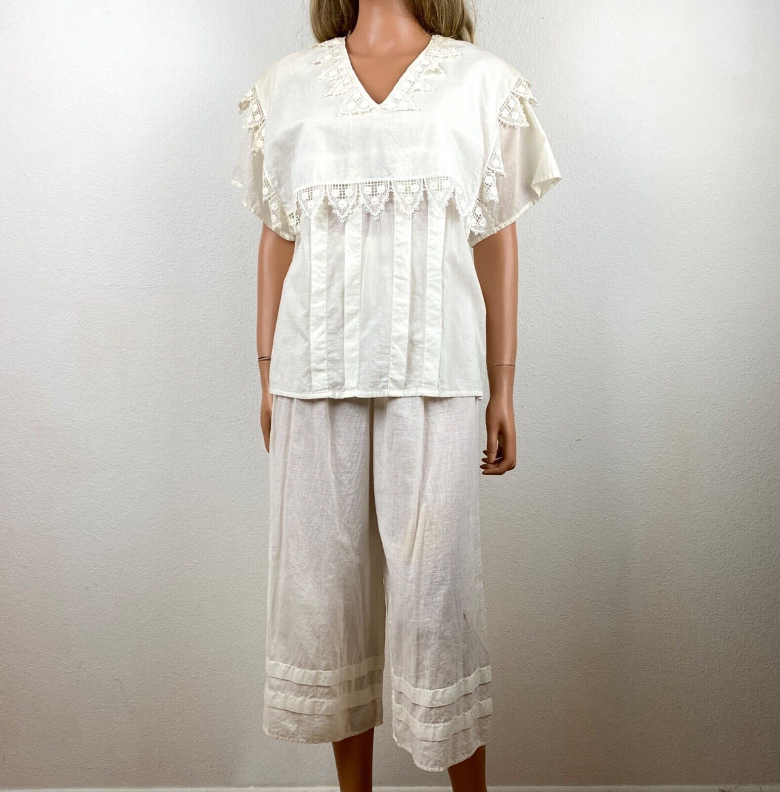 Vintage 80s Jessica Mcclintock Two Piece Pant Blouse Set Small White Cotton