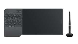 Huion Inspiroy Keydial KD200 front view with stylus