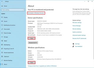 Windows 10 About page with copy PC info option