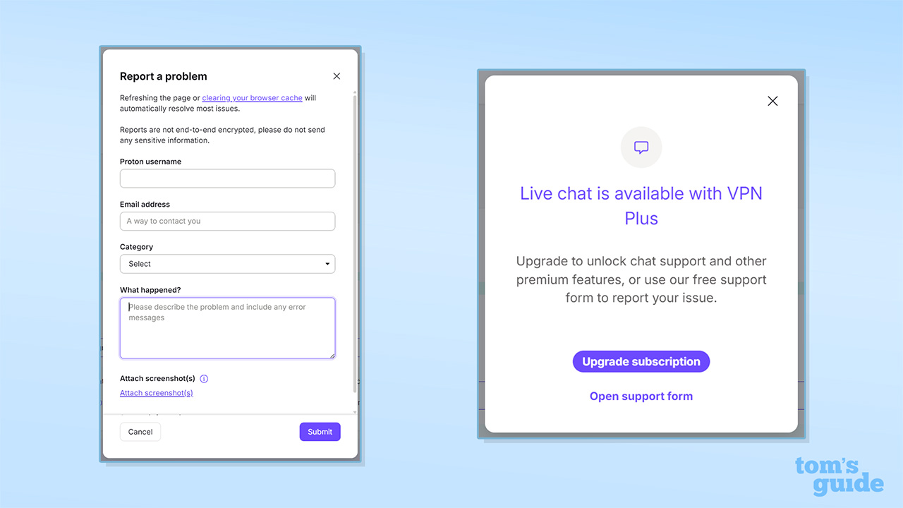 Screenshots of Proton VPN Free support and the locked Live Chat feature