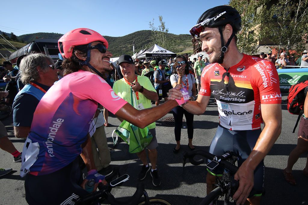 Morton and McCormick shake hands after stage 5 at the Tour of Utah
