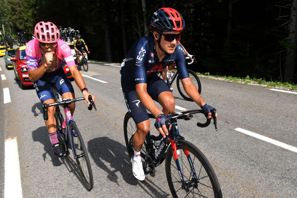 VILLARDDELANS FRANCE SEPTEMBER 15 Alberto Bettiol of Italy and Team EF Pro Cycling Richard Carapaz of Ecuador and Team INEOS Grenadiers Breakaway during the 107th Tour de France 2020 Stage 16 a 164km stage from La TourDuPin to VillardDeLans 1152m Auberge de la Cte 2000 TDF2020 LeTour on September 15 2020 in VillardDeLans France Photo by Tim de WaeleGetty Images