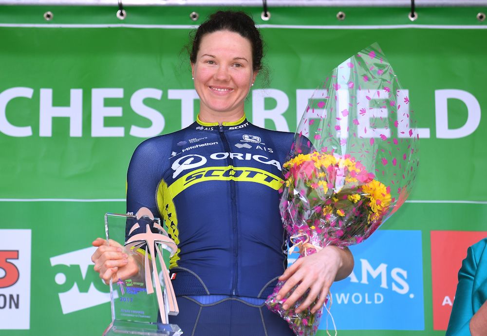 Sarah Roy (Orica-Scott) on the stage 4 podium at the Women's Tour