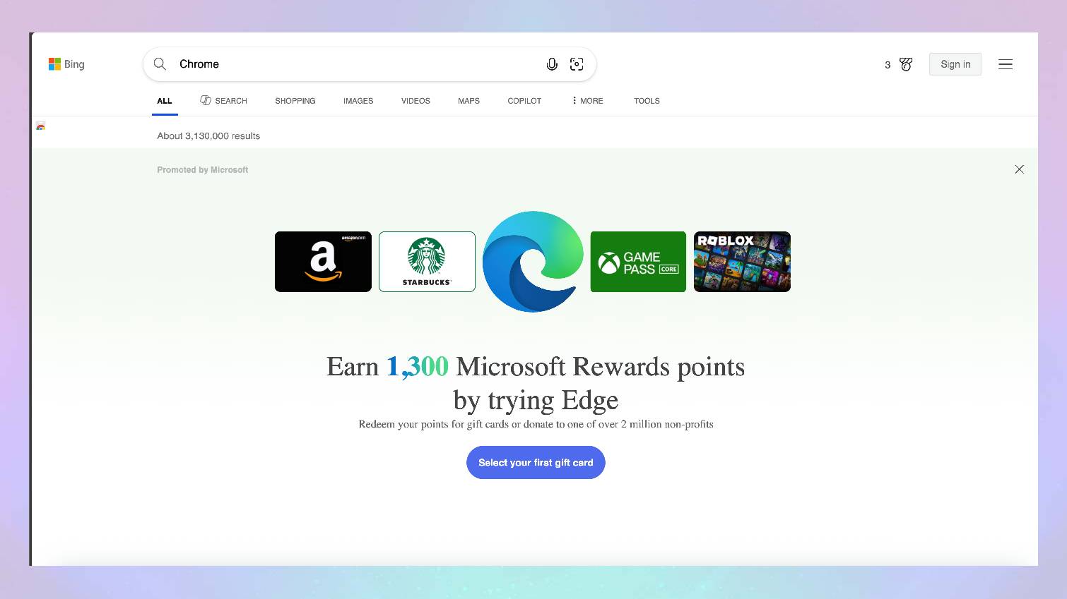 Screenshot of Microsoft Edge Bing website with banner