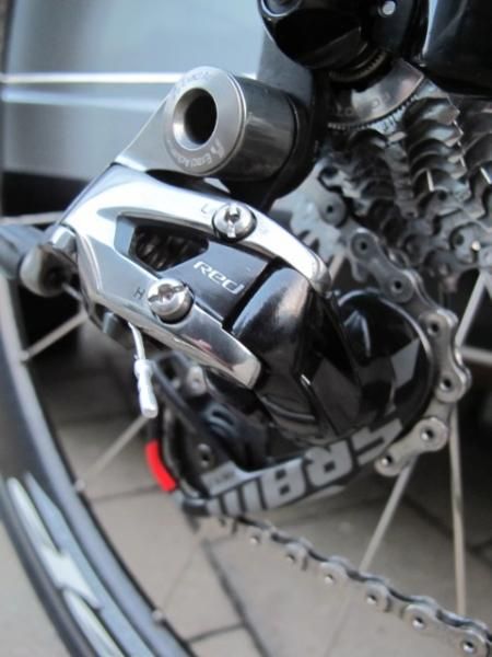 The new SRAM Red 2012 rear derailleur on Tom Boonen's (Omega Pharma-Quick Step) Specialized S-Works Tarmac SL4.