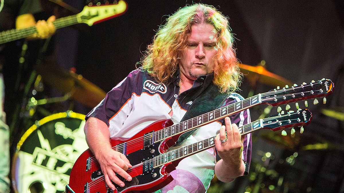 Guitarist Frank Hannon performs on stage with Tesla on September 19, 2014 in El Cajon, California