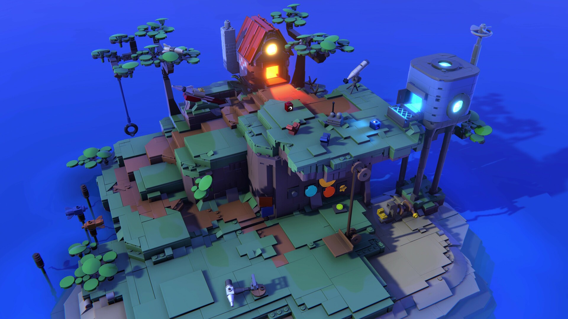 Lego Voyagers screenshot of a diorama made of Lego showing a little house on top of a hillside