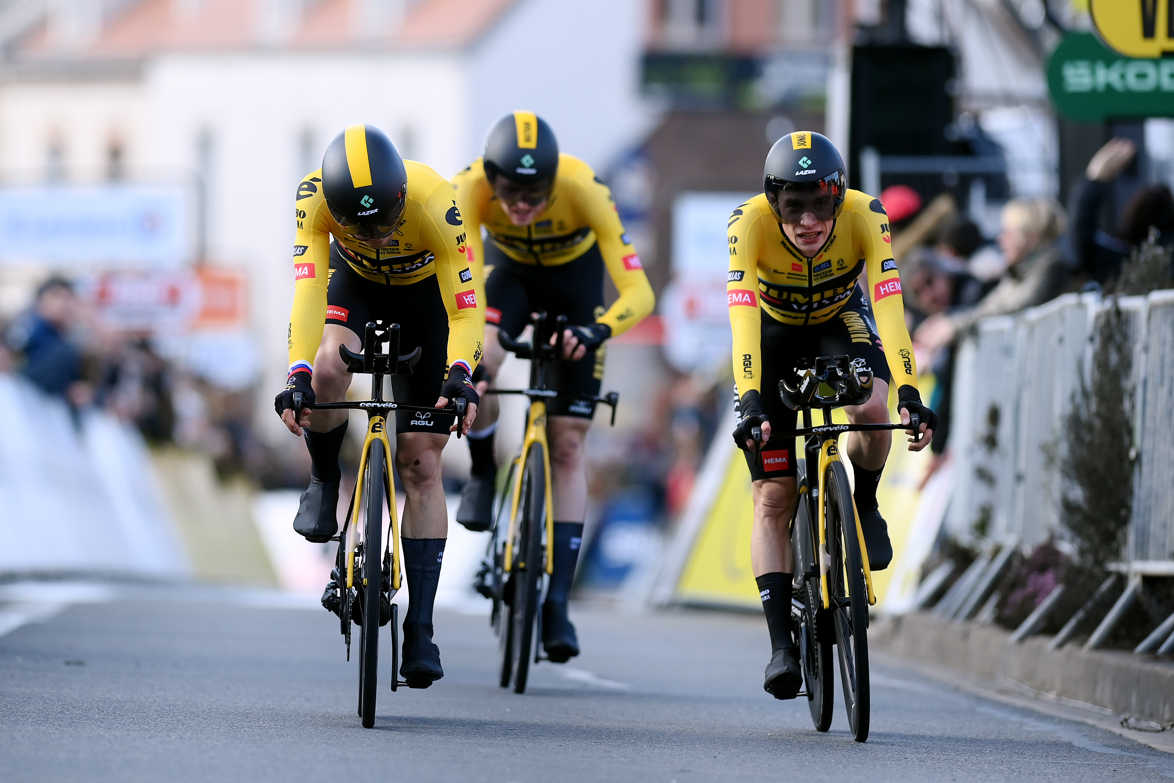 DAMPIERRE, FRANCE - MARCH 07: Jonas Vingegaard of Denmark and Team Jumbo-Visma crosses the finish line during the 81st Paris - Nice 2023 - Stage 3 a 32.2km team time trial from Dampierre en Burly to Dampierre en Burly / #ParisNice / on March 07, 2023 in Dampierre, France. (Photo by Alex Broadway/Getty Images)