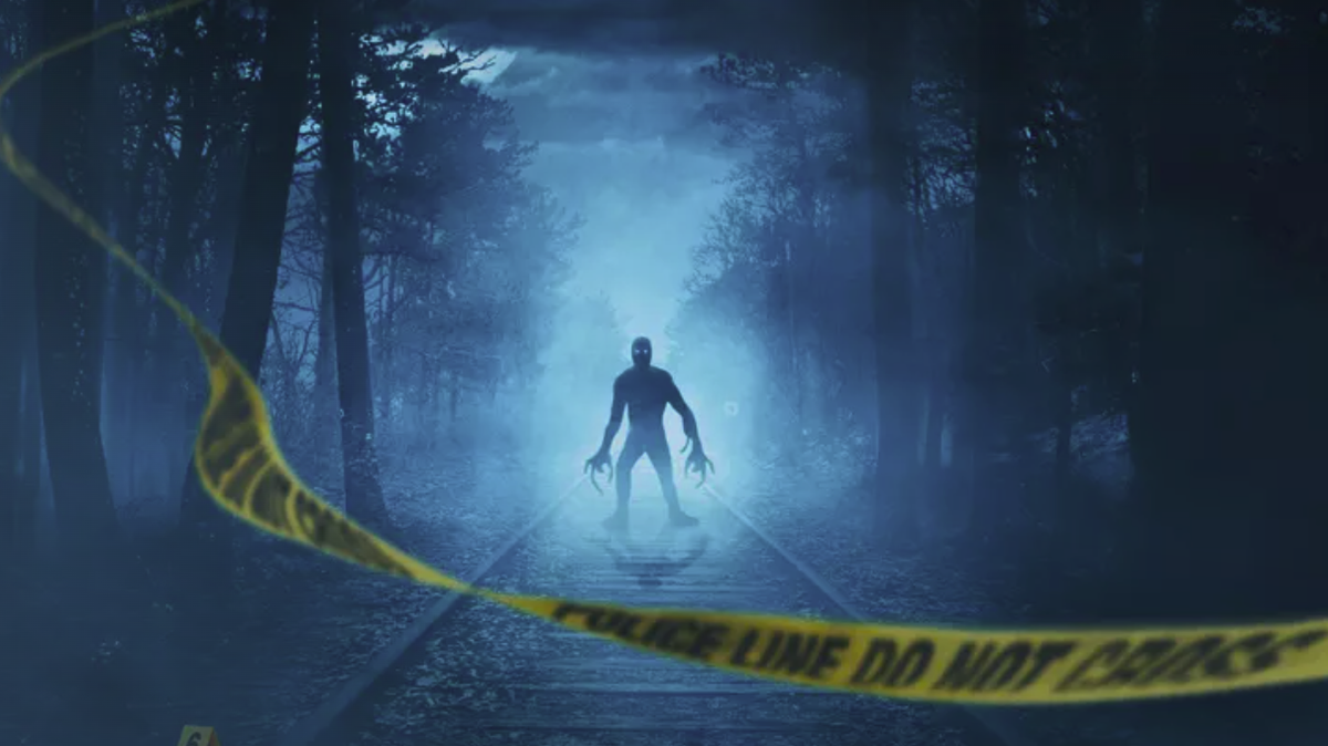 A spooky black monster outlined in shadow in a dark forest with yellow police crime scene tape in the foreground in Hulu&#039;s spooky true crime series &#039;Out There: Crimes of the Paranormal&#039; 