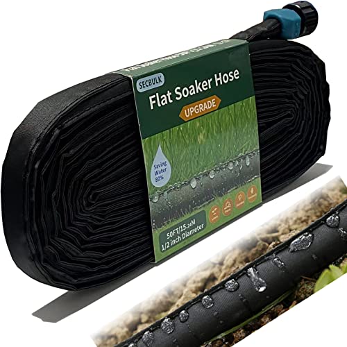 Secbulk 2025 Flat Soaker Hose 50 Ft for Garden, 50' Linkable Drip Hose Diy Garden Irrigation System Saving 80% Water, Dual-Layer Leak-Free Design Water Hose With Holes