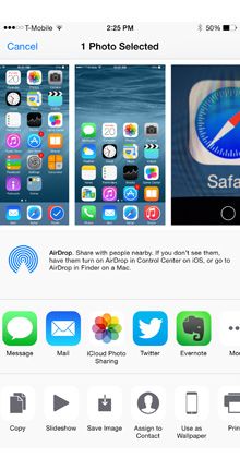iOS 8 share extension: Share a photo with Evernote. Tapping “More” allows customizing the apps that show in the menu and allows them to be reordered.