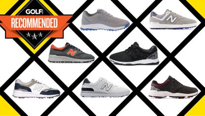 A selection of New Balance golf shoes in a grid system