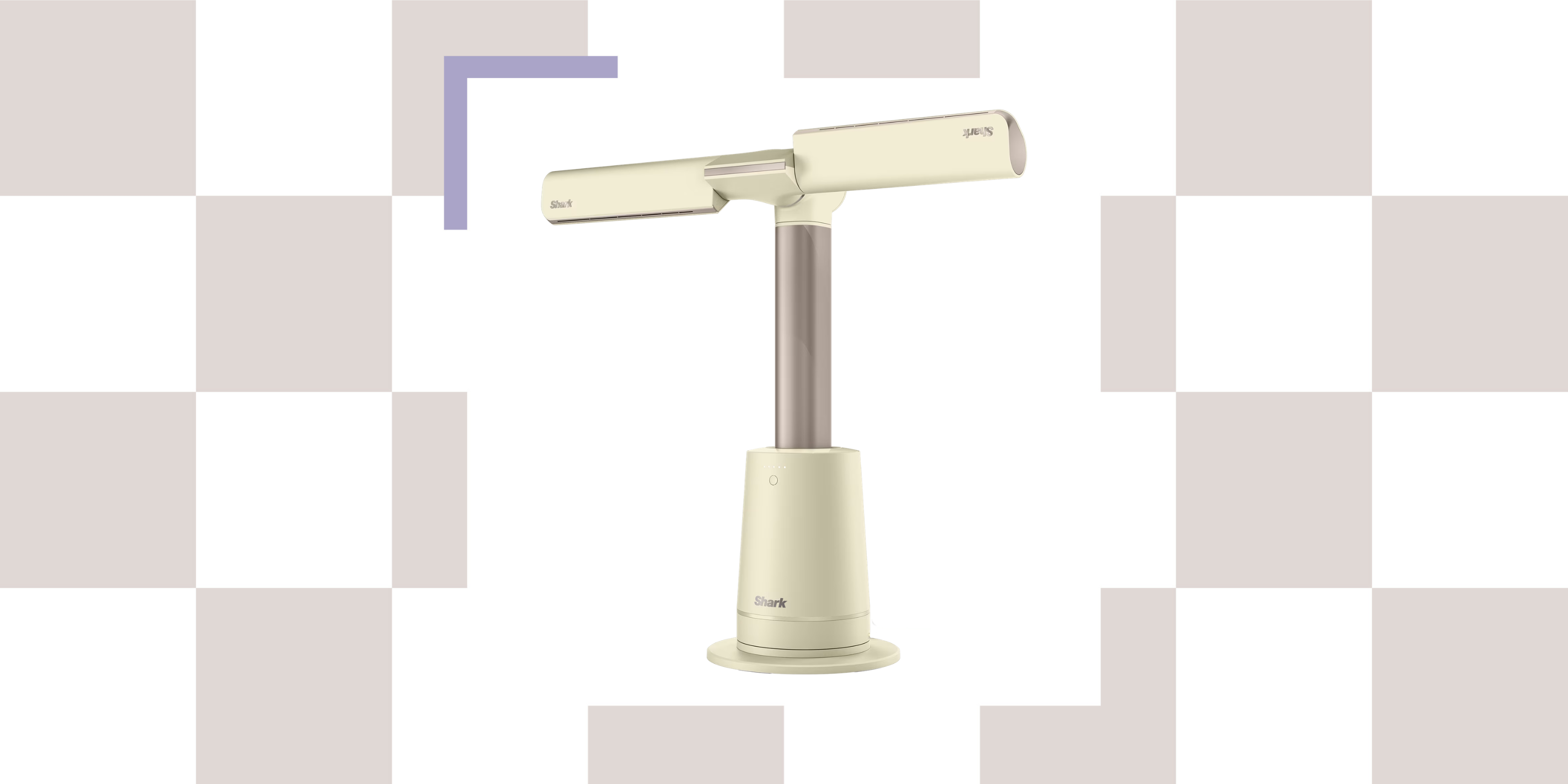 A butter yellow bladeless multi-directional fan from Shark against a checkerboard focus background