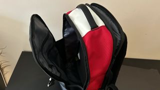 Timbuk2 Division backpack open to show pockets and storage options
