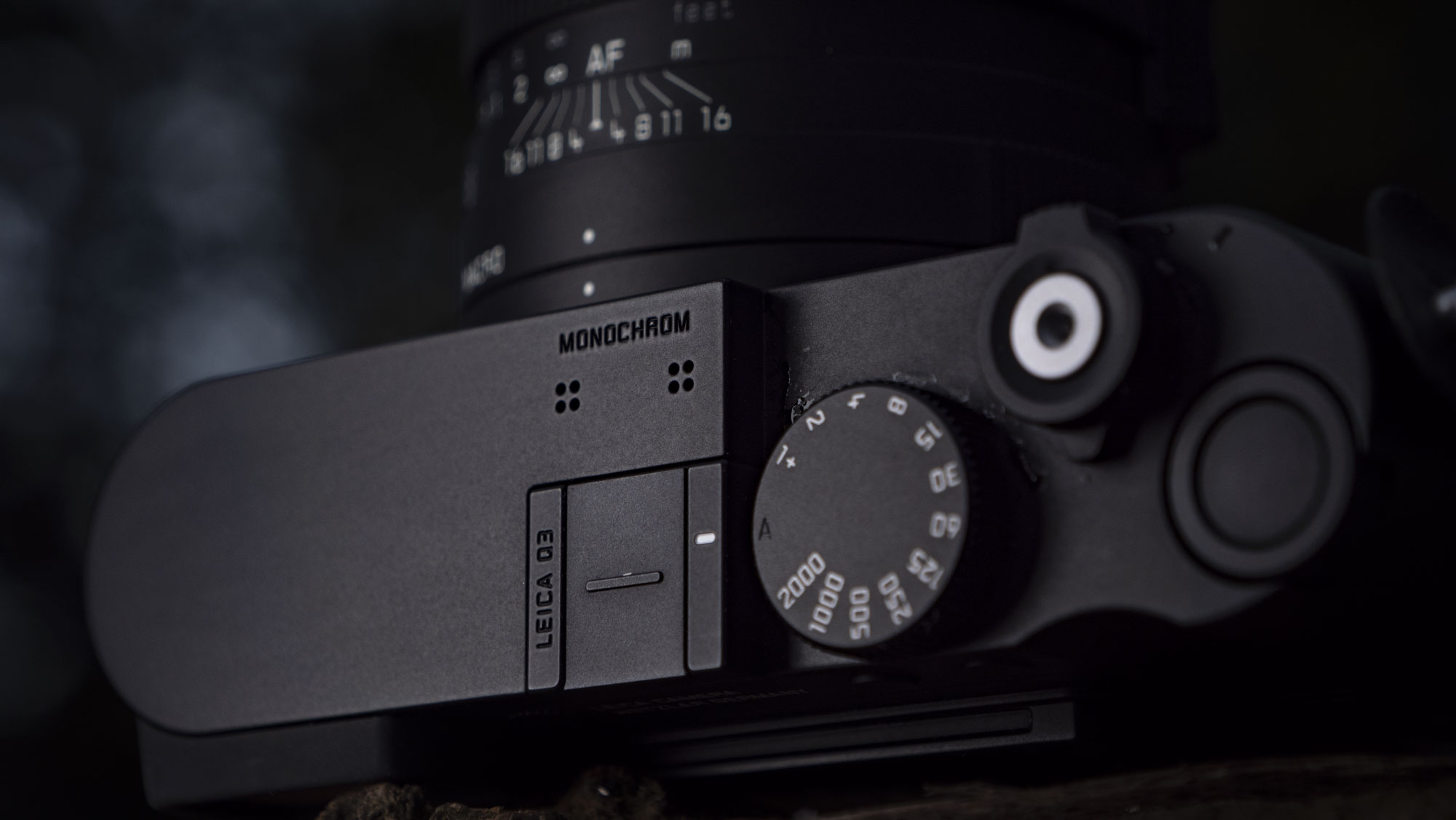 Leica Q3 Monochrom compact camera outside on a snow-dusted log